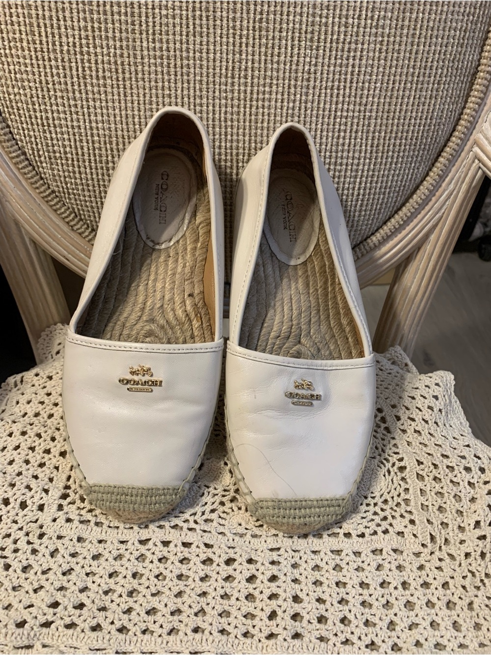 Coach White Leather Espadrille Flats with Gold Logo